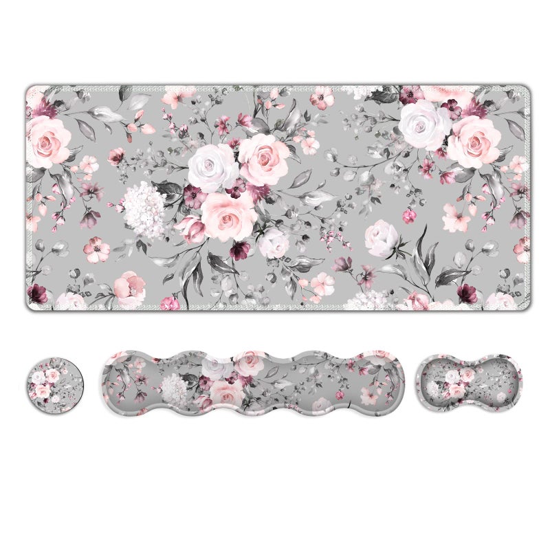 ARTSO Upgraded Extended Gaming Mouse Pad, Keyboard Wrist Rest Pad, Wrist Support Mousepad Set, Artso Large Stable Rubber Base Stitched Edges, Multifunctional Desk Pad (35 x15.5 in) for Work, Game, Grey Rose - Image 1