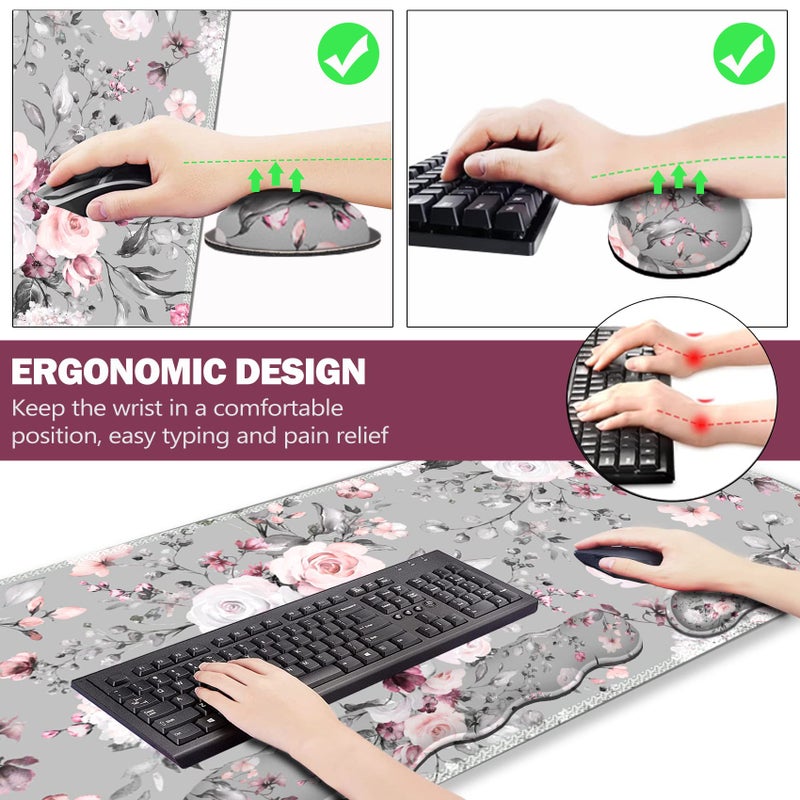 ARTSO Upgraded Extended Gaming Mouse Pad, Keyboard Wrist Rest Pad, Wrist Support Mousepad Set, Artso Large Stable Rubber Base Stitched Edges, Multifunctional Desk Pad (35 x15.5 in) for Work, Game, Grey Rose - Image 4