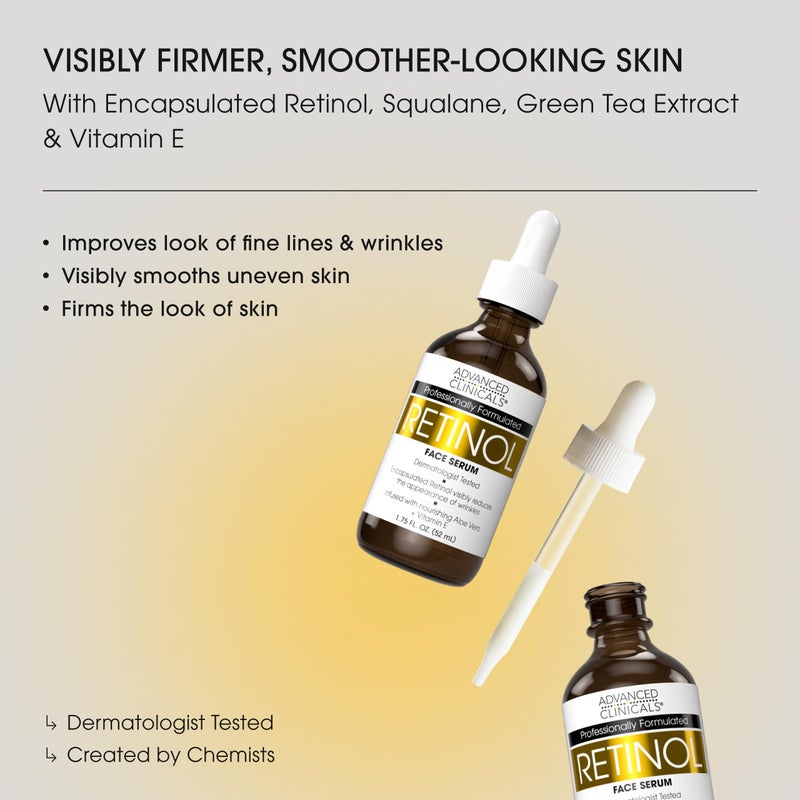 Advanced Clinicals Retinol Serum For Face | Visible Anti Aging Retinol Serum Skin Care Face Moisturizer With Vitamin E Helps Improve Look Of Wrinkles, Fine Lines, & Uneven Skin Tone, 1.75 Fl Oz - Image 2