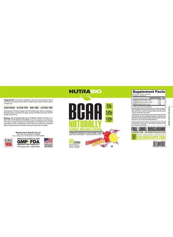NutraBio - BCAA 5000 Powder - Fermented Branched Chain Amino Acids for Muscle Growth & Recovery - Natural Flavors, Sweeteners, and Coloring, Vegan, Gluten Free - Strawberry Lemonade, 60 Servings - Image 1