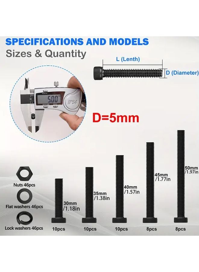 185pcs M5 Screw Assortment Set 12 9 Grade Alloy Steel Bolts Nuts Kit With Hex Wrench - Image 3