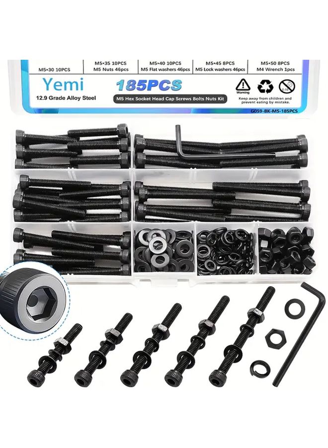 185pcs M5 Screw Assortment Set 12 9 Grade Alloy Steel Bolts Nuts Kit With Hex Wrench - Image 2