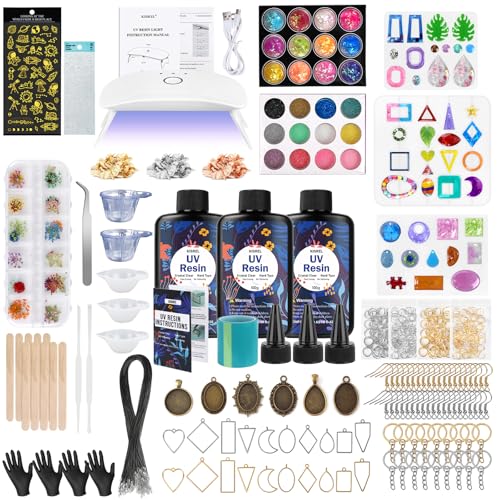 KISREL UV Resin Jewelry Making Kit, 300g Crystal Clear Resin with Light and Molds, DIY Jewelry Making Kit, Resina Starter Kits for Keychain and Earring - Image 1
