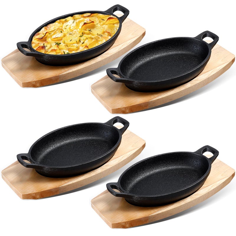 Set of 4 Cast Iron Mini Oval Serving Dish Pans with Wooden Base 8oz Mini Cast Fajitas Iron Small Skillet Dishes Black Little Pans Skillets for Baking Roasting87 x 47 x 16 Inch