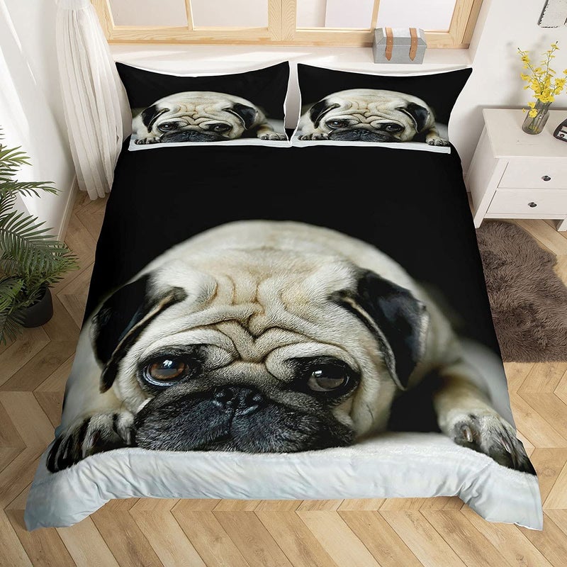 Erosebridal 3D Animal Theme Bedding Set Queen Size Black Dog Duvet Cover Set Cute Pug Dog Printed Comforter Cover for Kids Teen Boys Bedspread Cover Dog Pattern Quilt Cover Soft Lightweight - Image 1