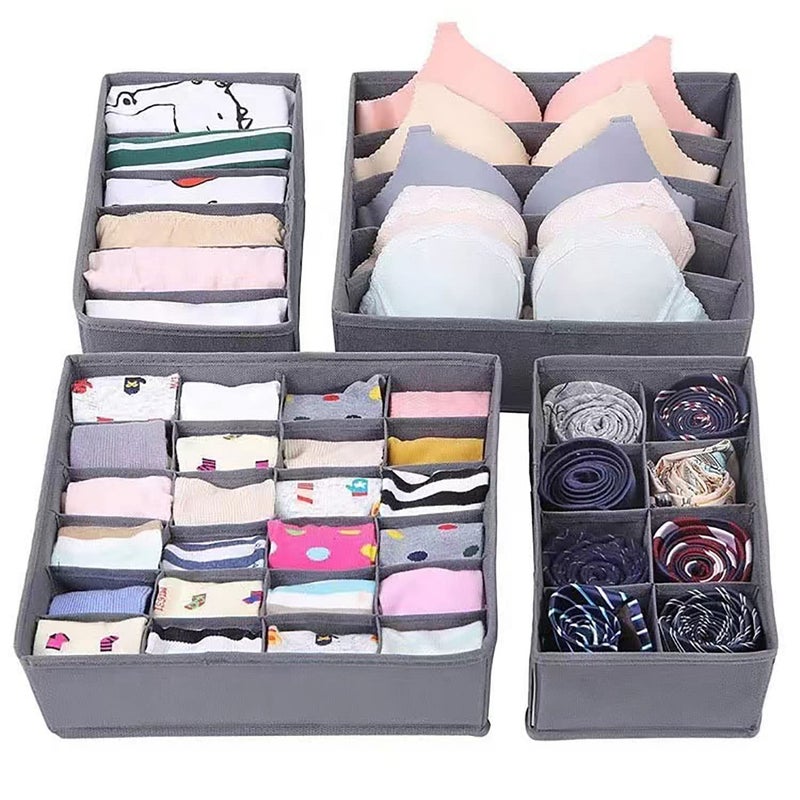 Collapsible Fabric Closet Organizers and Drawer Dividers with Multiple Compartments for Under Bed Storage of Underwear, Bras, Socks, and Ties - 4 Pack - Image 1