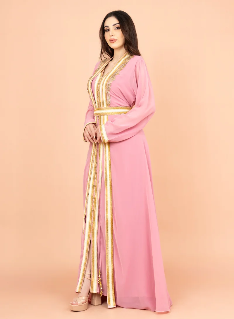 IKKXA Belted Elegant 2-Piece Kaftan IK8747 Pink