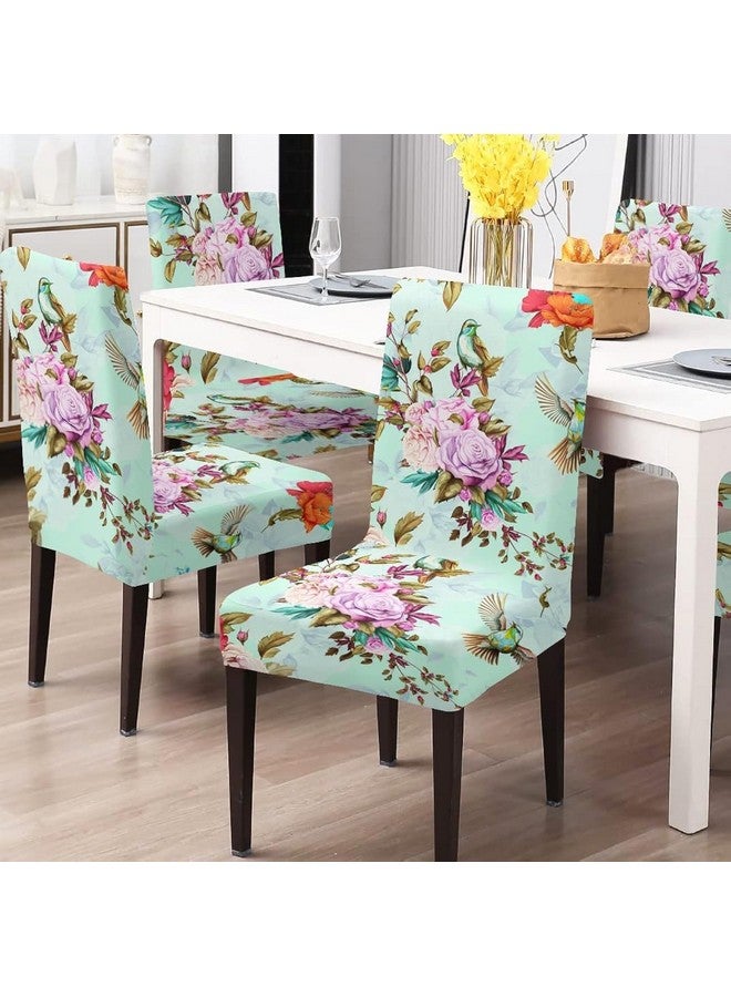 BRIDA® Stretchable Floral Geometric Printed Dining Chair Covers Set of 4 Seater Elastic Chair Seat Case Protector, Slipcovers (Sea Green Flowers), Polyester;Polyester Blend - Image 1