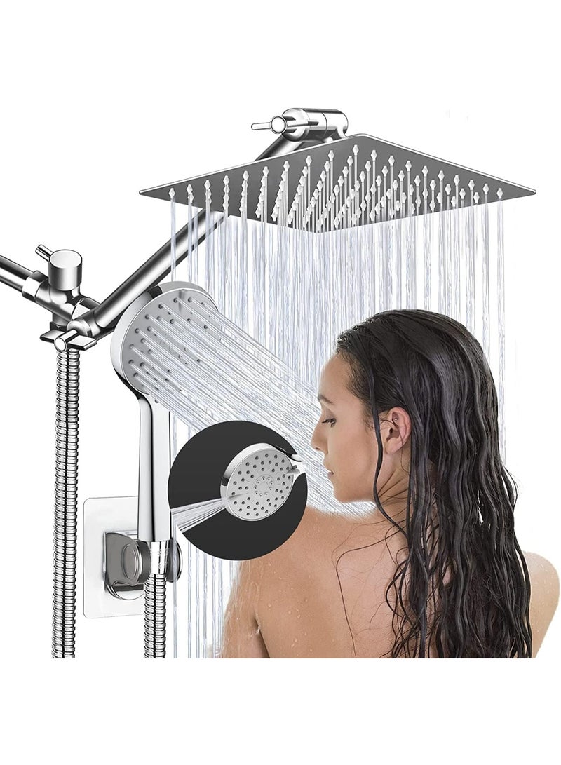 20 cm Rainfall Shower Head with Handheld Combo, High Pressure 5 Modes Spray, 28 cm Adjustable Extension Arm, Flow Regulator, Easy Clean Shower Head with Hose and Wall Bracket - Image 1