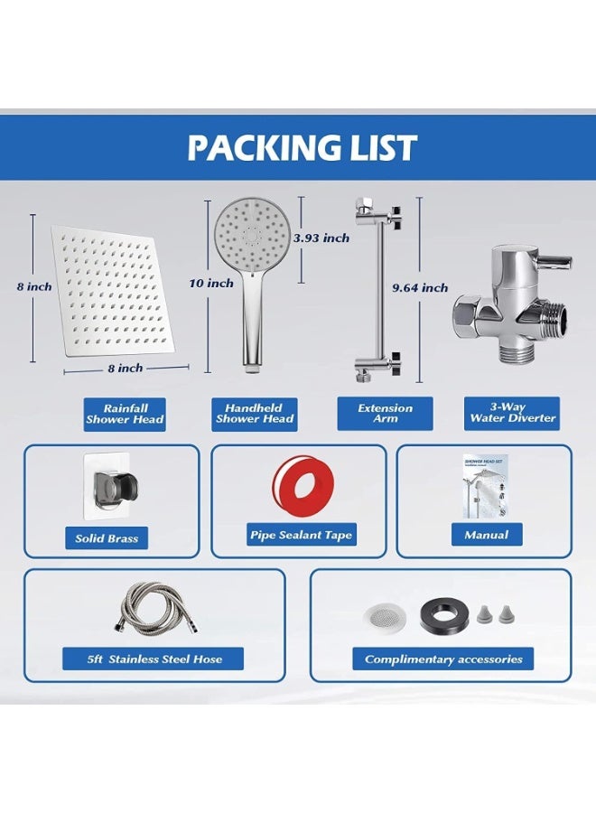 20 cm Rainfall Shower Head with Handheld Combo, High Pressure 5 Modes Spray, 28 cm Adjustable Extension Arm, Flow Regulator, Easy Clean Shower Head with Hose and Wall Bracket - Image 2