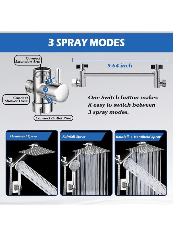 20 cm Rainfall Shower Head with Handheld Combo, High Pressure 5 Modes Spray, 28 cm Adjustable Extension Arm, Flow Regulator, Easy Clean Shower Head with Hose and Wall Bracket - Image 3