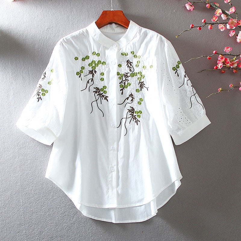 Summer Vintage Embroidered Floral Stand Collar Chinese Style Short-Sleeved Shirt With A Unique Design, Loose And Casual Top - Image 3