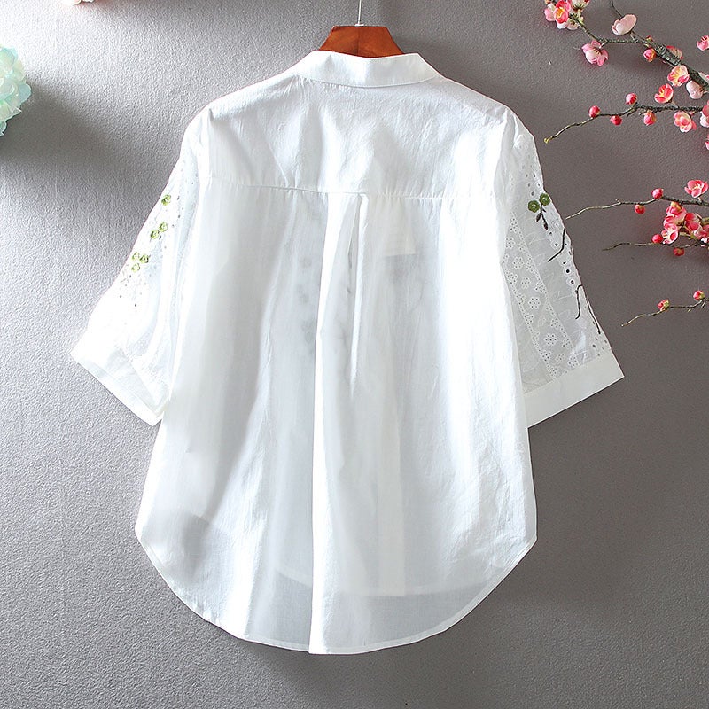 Summer Vintage Embroidered Floral Stand Collar Chinese Style Short-Sleeved Shirt With A Unique Design, Loose And Casual Top - Image 4