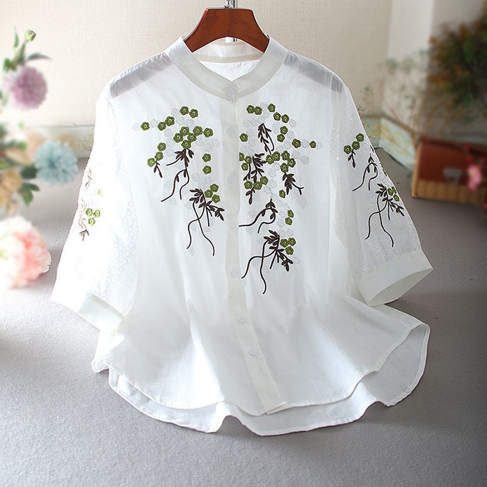 Summer Vintage Embroidered Floral Stand Collar Chinese Style Short-Sleeved Shirt With A Unique Design, Loose And Casual Top - Image 1
