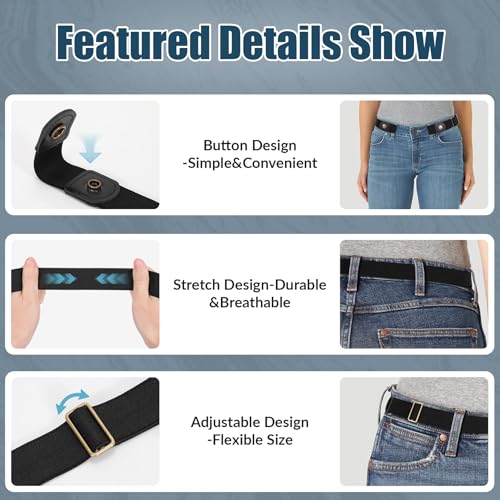 WERFORU 4 Pieces No Buckle Invisible Stretch Belt Buckle-Free Elastic Belt for Women,Black+Coffee+Blue+Grey, Waist Size 35-53 Inches - Image 3