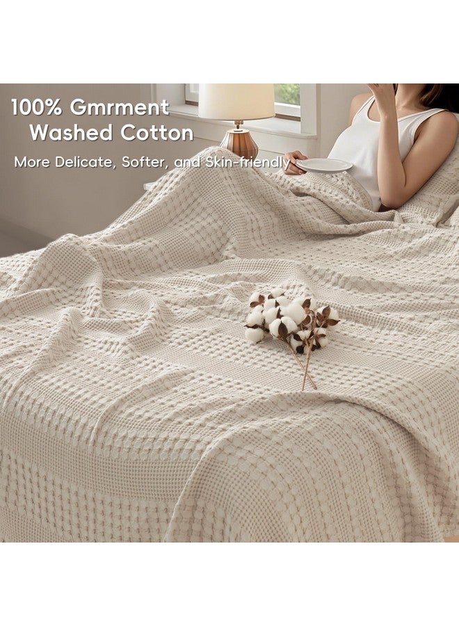 PHF PHF 100% Cotton Waffle Weave Blanket Twin Size, Soft Lightweight Breathable Cozy Summer Blankets for Bed, Luxury Aesthetic Woven Bedding for Home Decor, 66"x90", Oatmeal  - Image 1