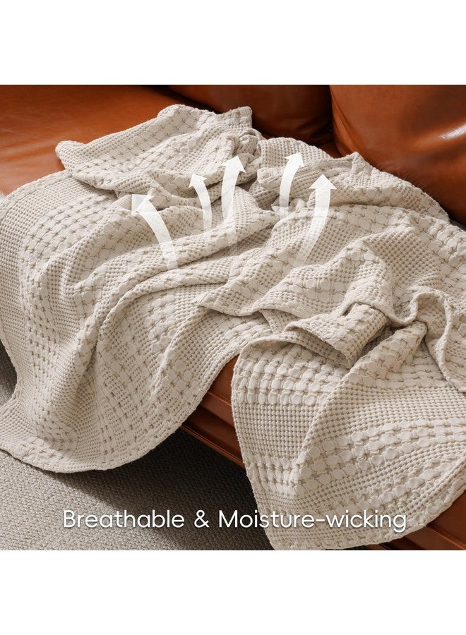 PHF PHF 100% Cotton Waffle Weave Blanket Twin Size, Soft Lightweight Breathable Cozy Summer Blankets for Bed, Luxury Aesthetic Woven Bedding for Home Decor, 66"x90", Oatmeal  - Image 2