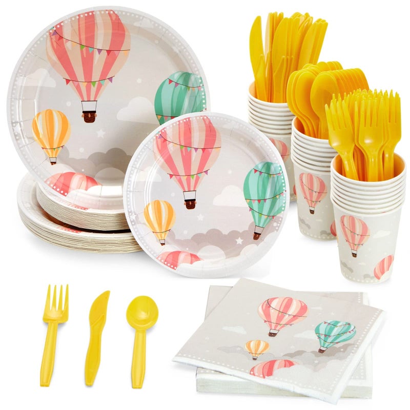 Sparkle and Bash Sparkle and Bash 168Piece Hot Air Balloon Party Decorations for Baby Shower Birthday Party Disposable Dinnerware Set with Paper Plates Plastic Cutlery Cups and Napkins Serves 24 