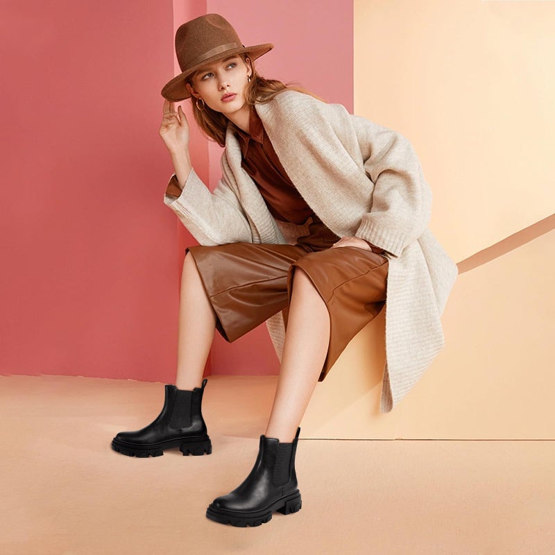 PIZZ ANNU Women's Dani Platform Chelsea Boots Fashion Lug Sole Combat Chunky Block Heel Slip on Elastic Gore Ankle Booties Shoes, Black 8 - Image 3
