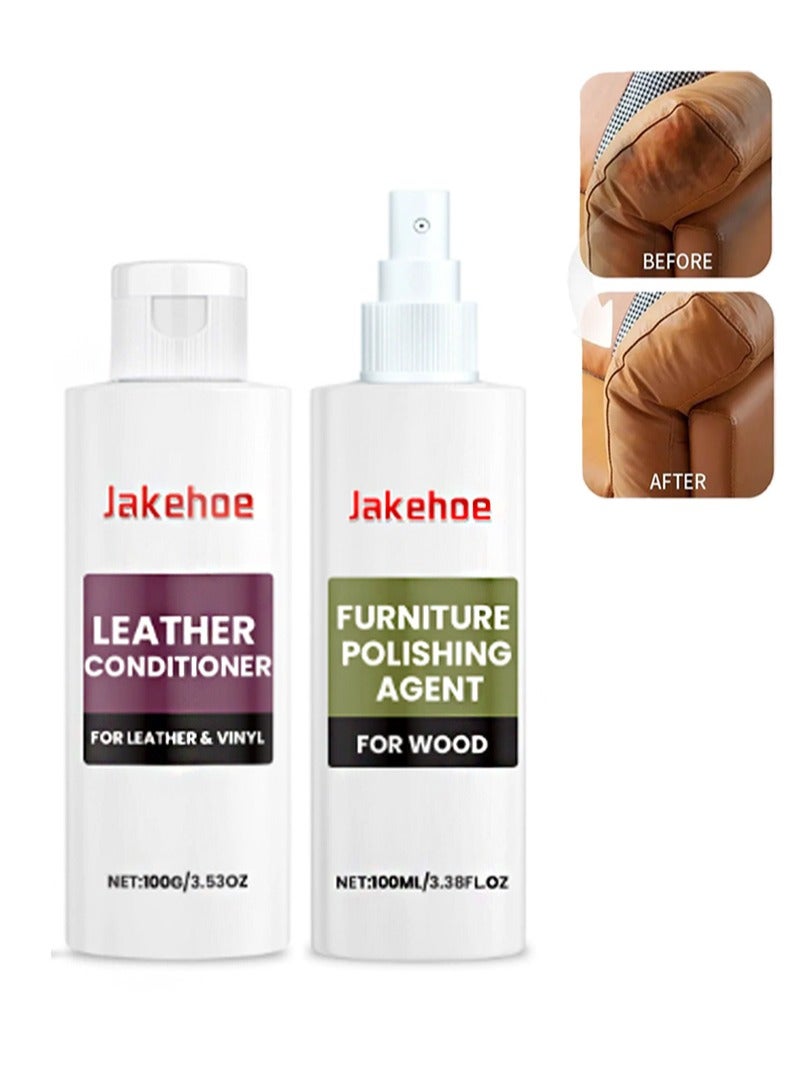 Jakehoe 2 Pcs Furniture Care Kit，Leather Conditioner+Furniture Polishing Agent，Deep Clean，Multi Surface Use，Suitable for Leather，Vinyl，Wood（100g+100ml） - Image 1