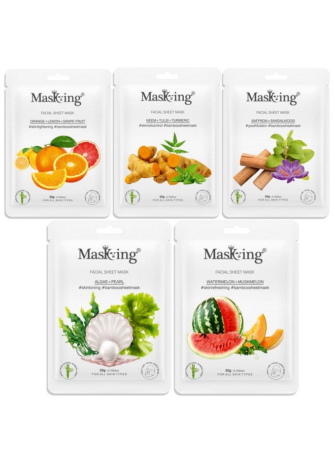 MasKing Bamboo Facial Sheet Mask of Orange, Neem, Saffron, Algae & Watermelon Ideal for Women & Men, 100ml (Combo Pack of 5) - Image 1