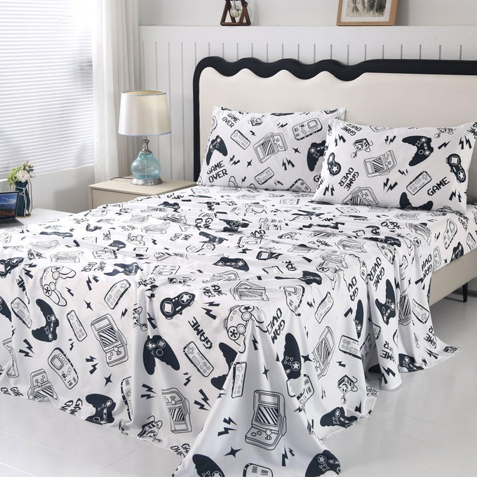 4PCS WHITE GAMER TWIN SHEETS SET SOFT AND BREATHABLE MICROFIBER GAMING SHEETS TWIN VIDEO GAME BED SHEET FOR BOYS GIRLS TEENS AND KIDS