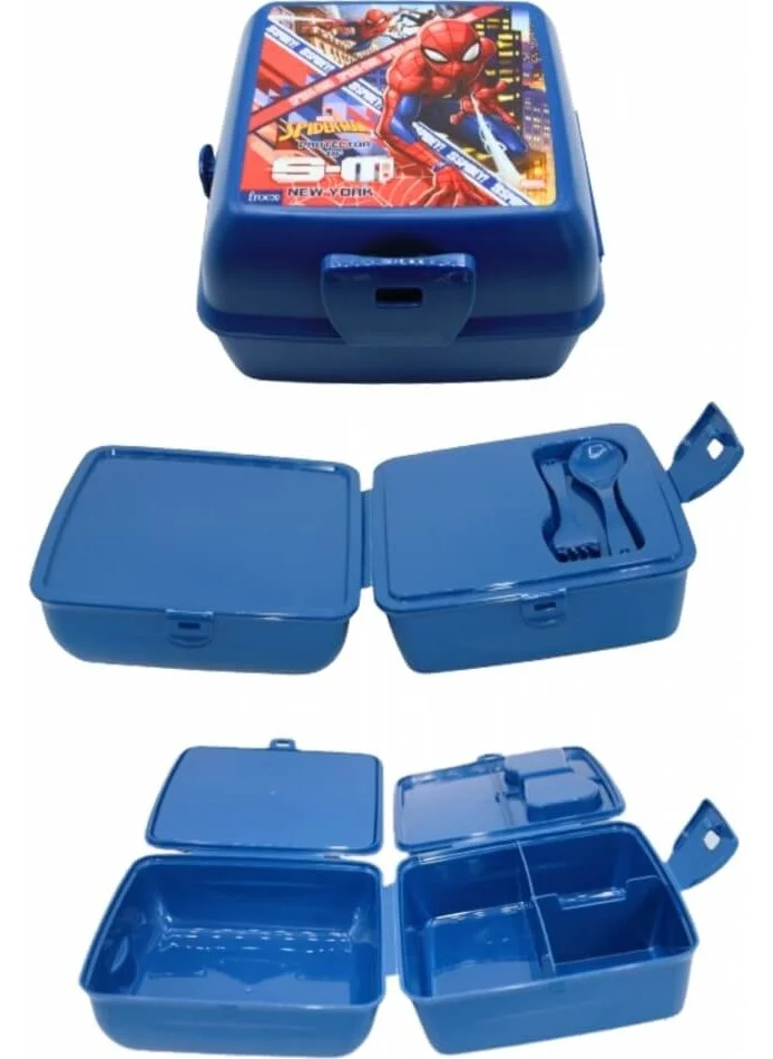 Piev 2 Compartment Lockable Spiderman Lunch Box with Fork and Spoon Blue