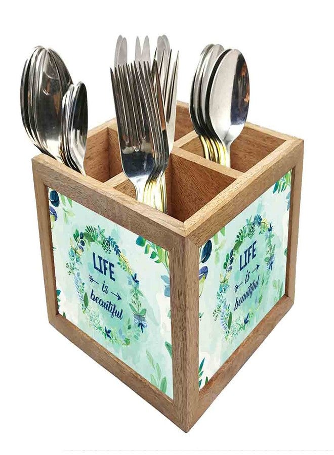 Nutcase Wooden Cutlery Stand Holder Silverware Caddy Spoons Forks Knives Organizer for Dining Table & Kitchen -Made in India-Spoons NOT Included - Life is A Beautiful Floral - Image 1