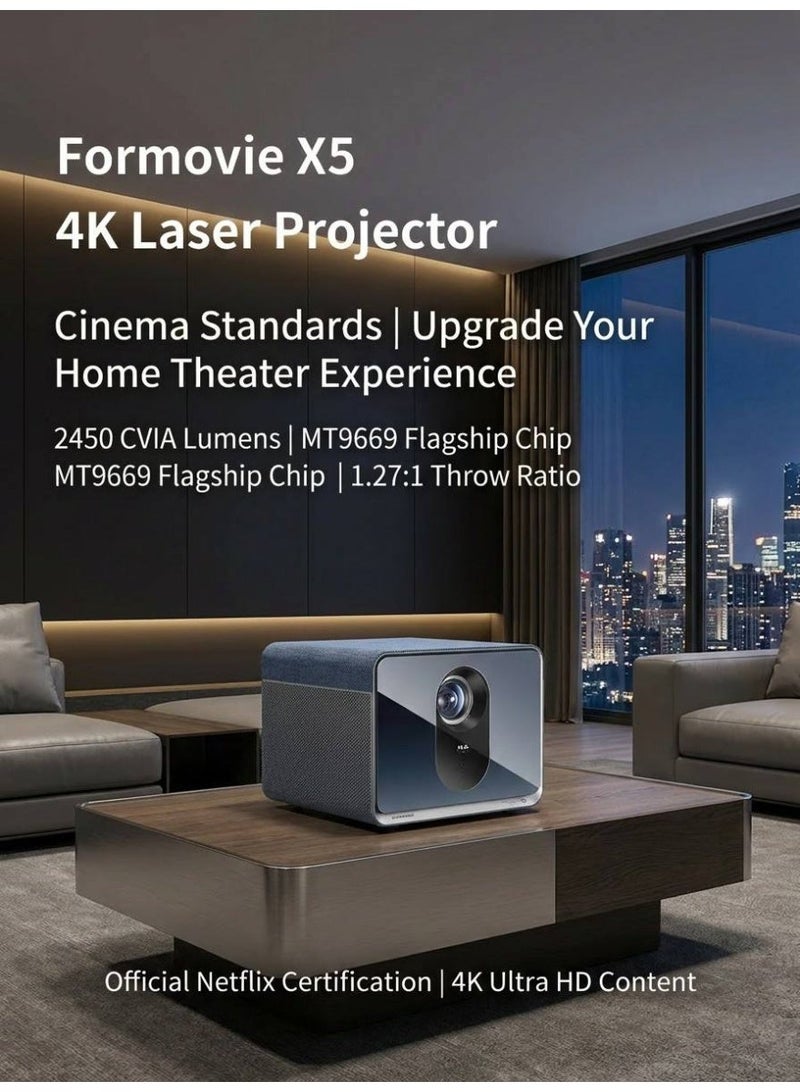 Formovie جهاز عرض ليزري فورموفي X5 بدقة 4K بجودة سينمائية: تجربة سينمائية منزلية عالية الجودة مع تقنية HDR10+ ومكبرات صوت دينون بتقنية MEMC - Image 2