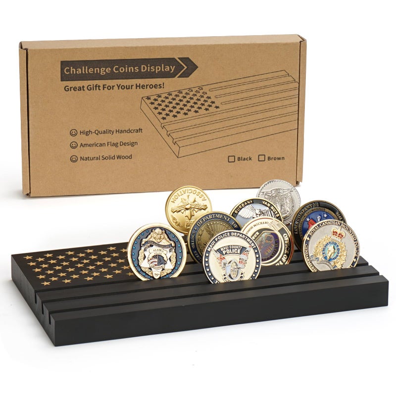 Samplife Coin RackChallenge Coins Display Stand Shelves Wooden Army Collectible Coins Holder Rack Case 6 Row Display American Flag