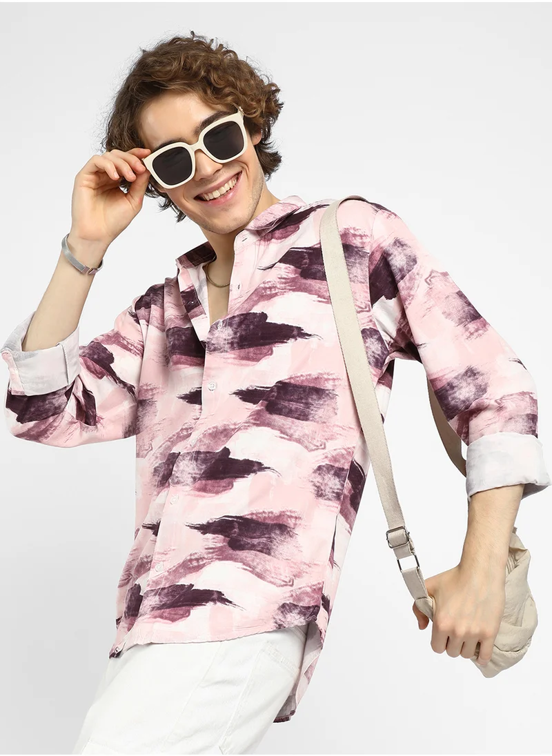 كامبوس سوترا Men's Wine Red & Baby Pink Brush Strokes Shirt