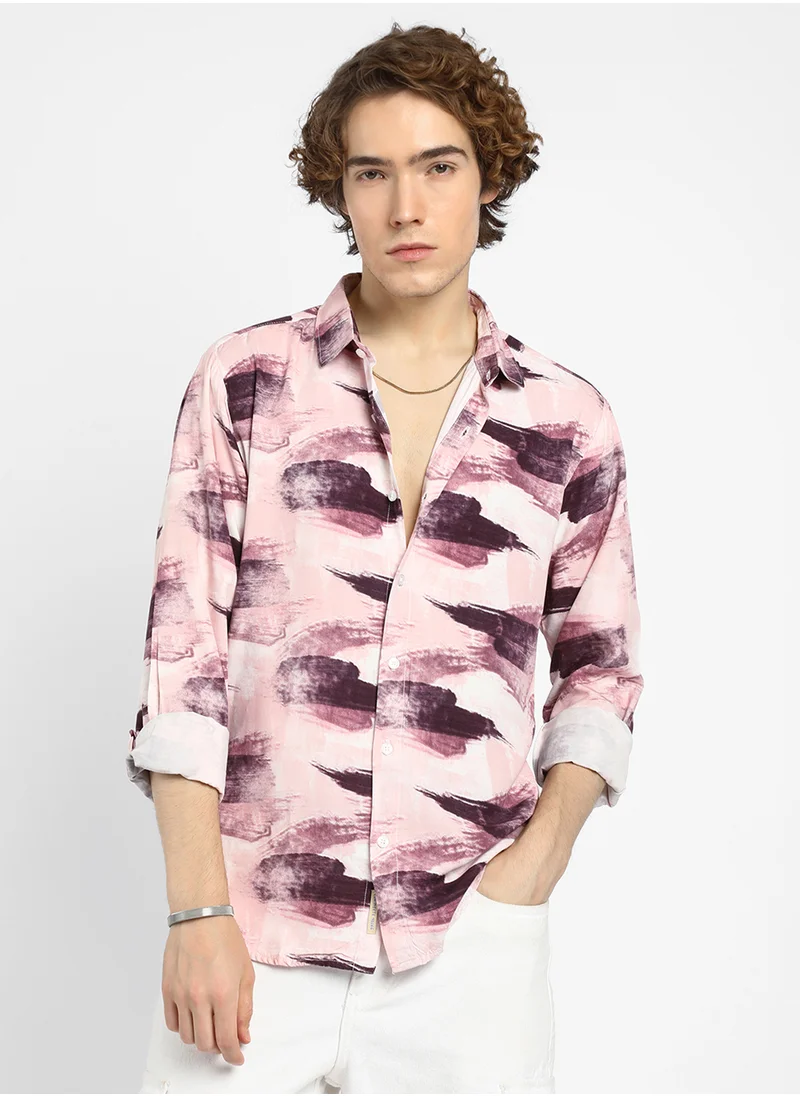 كامبوس سوترا Men's Wine Red & Baby Pink Brush Strokes Shirt