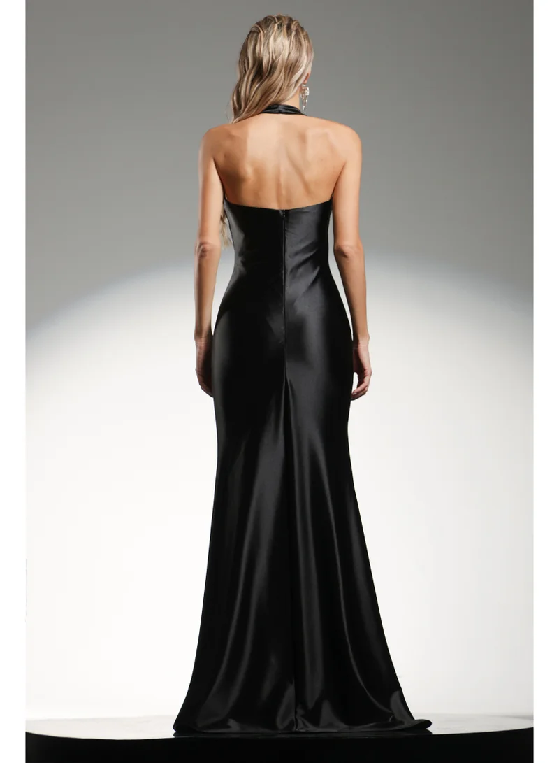 Bella Barnett  Weiss Halter Sleeveless Ribbon Wrinkle Maxi Dress for Women | Best Price UAE