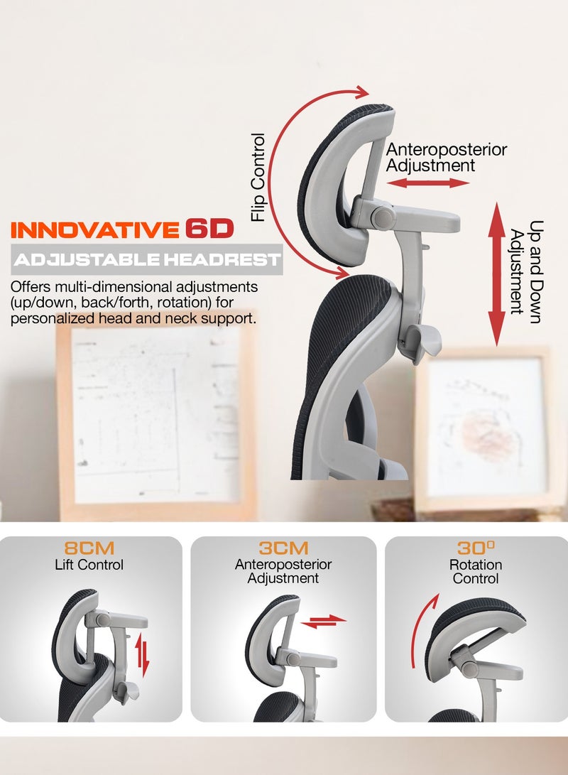 بيبي كرسي مكتب مريح فاخر للعمل من المنزل، كرسي كمبيوتر عالي الظهر للدراسة مزود بشبكة تسمح بمرور الهواء، ومسند ذراع ثلاثي الأبعاد، ومسند رأس رباعي الأبعاد، ودعم أسفل الظهر | كرسي مكتب للاستخدام المنزلي | كرسي ألعاب مزود بمسند للقدمين وخاصية الإمالة، رمادي وأسود - Image 5