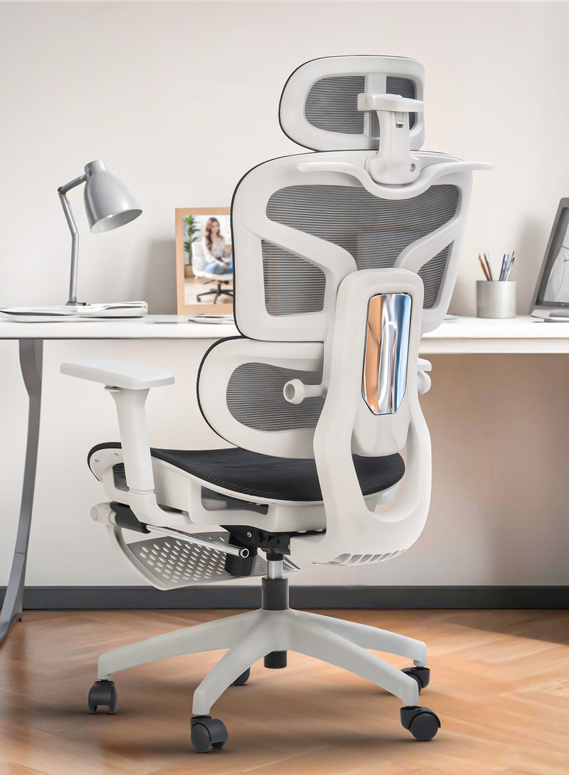 بيبي كرسي مكتب مريح فاخر للعمل من المنزل، كرسي كمبيوتر عالي الظهر للدراسة مزود بشبكة تسمح بمرور الهواء، ومسند ذراع ثلاثي الأبعاد، ومسند رأس رباعي الأبعاد، ودعم أسفل الظهر | كرسي مكتب للاستخدام المنزلي | كرسي ألعاب مزود بمسند للقدمين وخاصية الإمالة، رمادي وأسود - Image 1