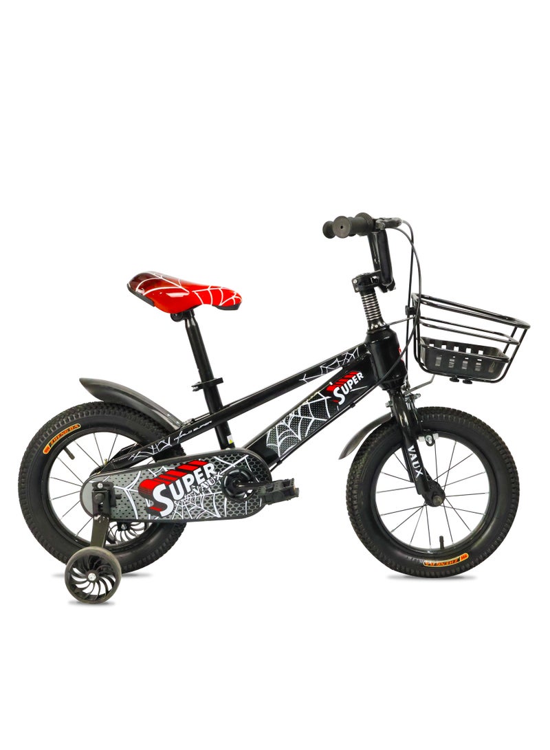 Vaux Super 14-Inch Kids Bike | 14-Inch Wheel Size| Adjustable Seat | With Basket, Handbrake, Mudguards And Training Wheels | Black Color - Image 1