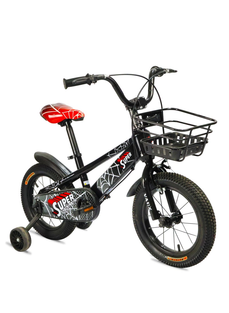 Vaux Super 14-Inch Kids Bike | 14-Inch Wheel Size| Adjustable Seat | With Basket, Handbrake, Mudguards And Training Wheels | Black Color - Image 2