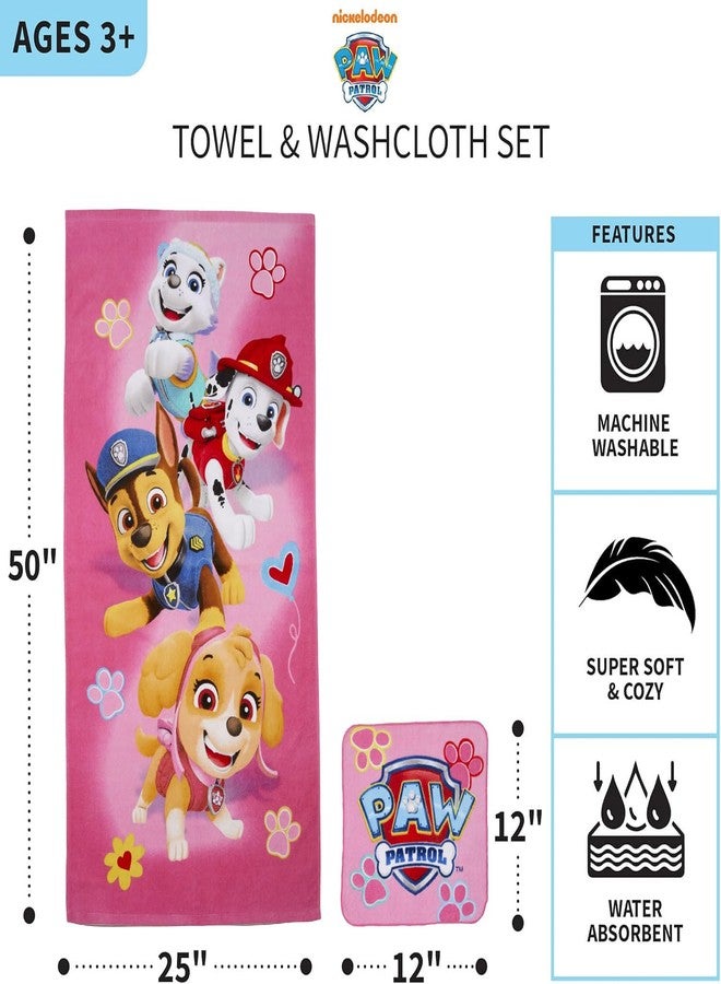 Franco Paw Patrol Girls Bath/Pool/Beach Soft Absorbent Cotton Terry Towel with Washcloth 2 Piece Set, 50 in x 25 in - Image 2