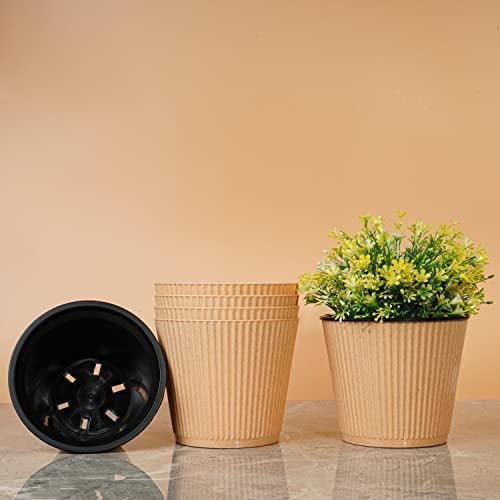 Livzing 6 inch Plastic Round Flower Pots Self Watering Pot with Drain Holes Gamla Gardening Plant Pot for Home Decor Planters for Indoor&Outdoor Plant Container Set Balcony (Pack of 5, Sandal Dot) - Image 1