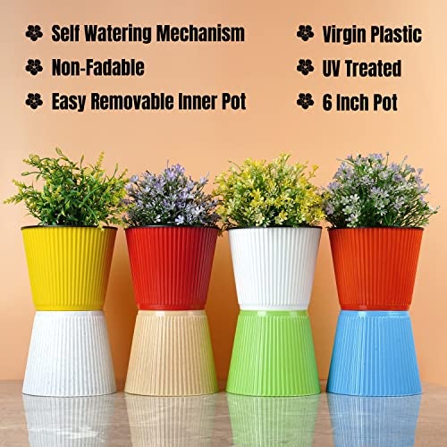 Livzing 6 inch Plastic Round Flower Pots Self Watering Pot with Drain Holes Gamla Gardening Plant Pot for Home Decor Planters for Indoor&Outdoor Plant Container Set Balcony (Pack of 5, Sandal Dot) - Image 3