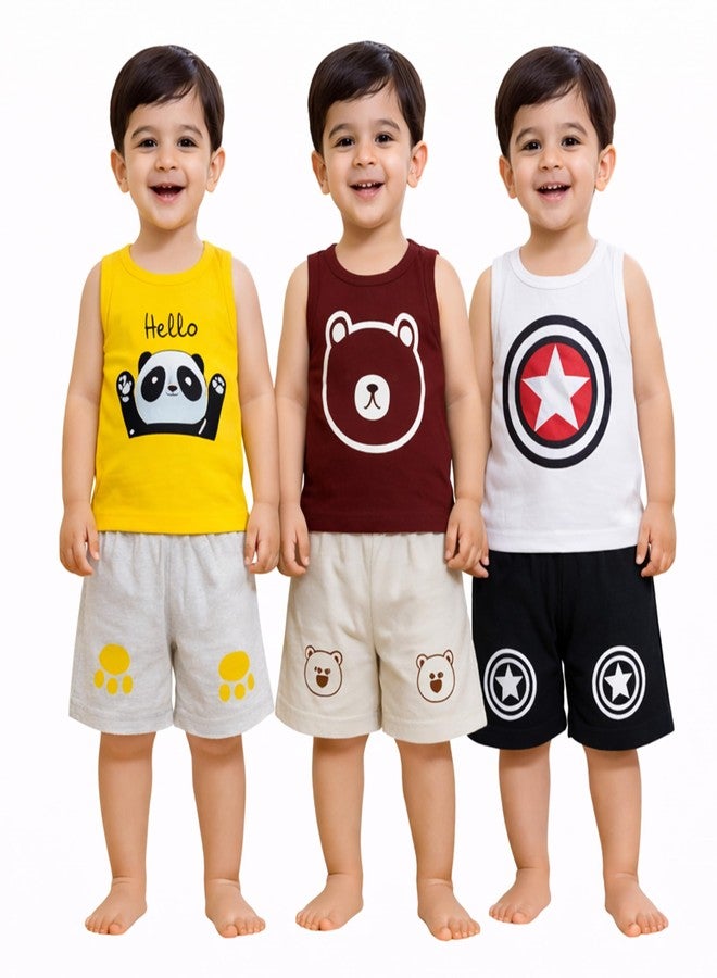 Infantbond Unisex baby Cotton Printed Round Neck Cut Sleeve T-shirt & Short Trendy Summer Clothing Sets (Pack of 3|6-9 M) - Image 1