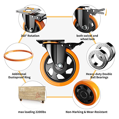 YUPEZOP 5 Inch Swivel Caster Wheels, Heavy Duty Casters Set of 4, Locking Industrial Casters with Brake, Swivel Top Plate Casters Wheels for Furniture and Workbench(Free Hardware Kits) - Image 3