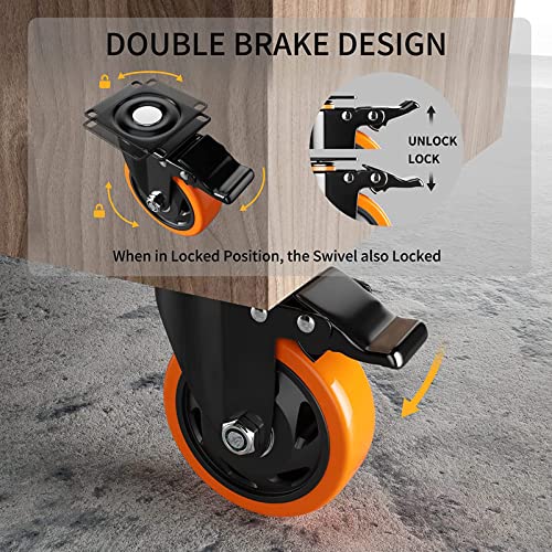 YUPEZOP 5 Inch Swivel Caster Wheels, Heavy Duty Casters Set of 4, Locking Industrial Casters with Brake, Swivel Top Plate Casters Wheels for Furniture and Workbench(Free Hardware Kits) - Image 4