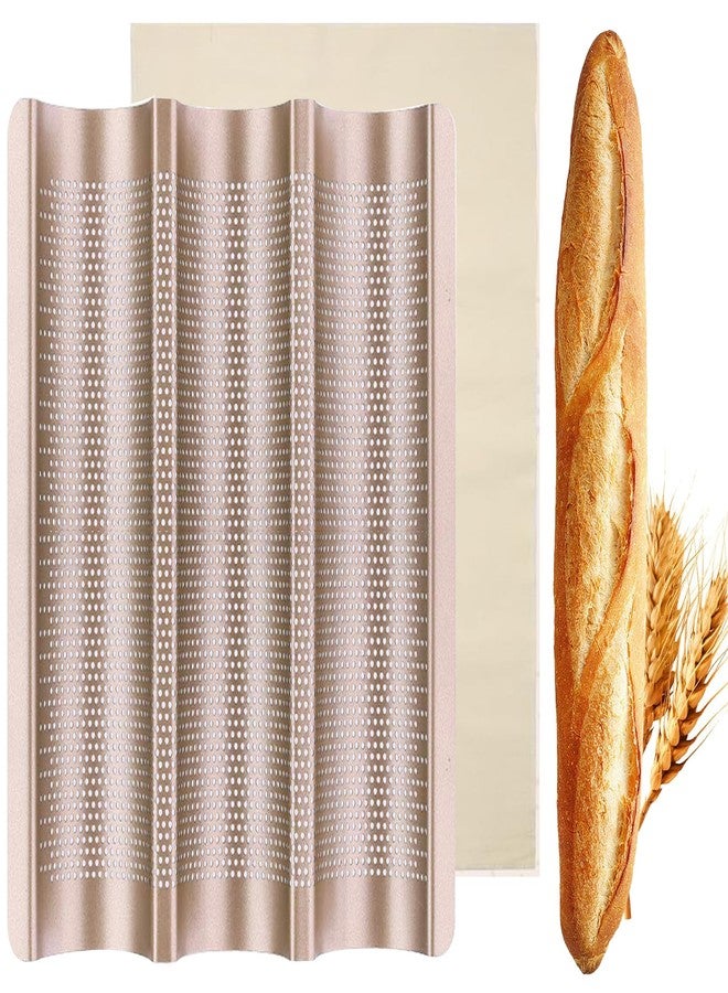 ILSSLI Baguette Pan, French Bread Baking Pan Perforated 3 Loaves Long Italian Bread Pan Mold Nonstick Baguettes Bakery Tray with Proofing Cloth,15"x11" - Image 1