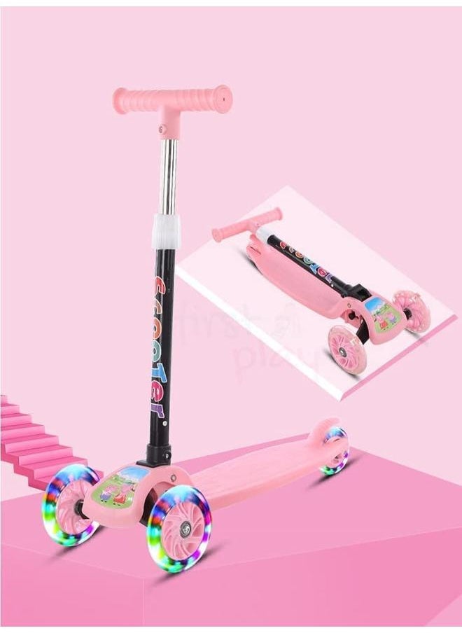KIDDIE FUN Road Kings Kids Scooter with 5 Height Adjustable & Fold-able Handle I Multicolor Flashing LED Wheels I Scooter for Kids Above 2 Years (Pink) 