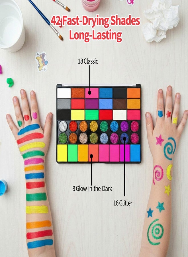 CREECHWA Non-Toxic Easy Face Painting Kits for Kids, Complete Painting Kit of 42 Vibrant Colors with Brushes Sponges Stencils Glitter Gems, Water-activated Make up Set for Halloween Birthday Party - Image 3