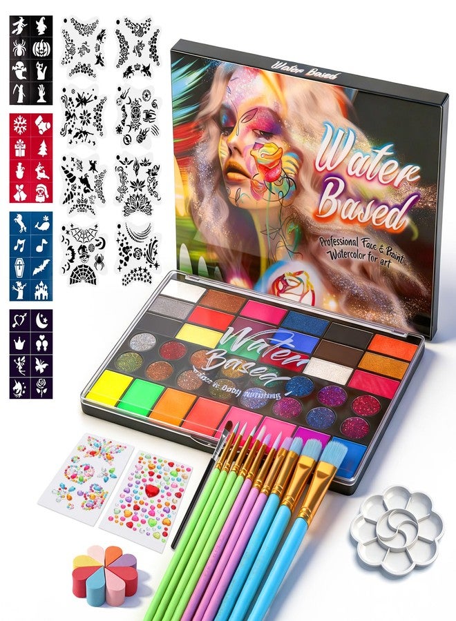 CREECHWA Non-Toxic Easy Face Painting Kits for Kids, Complete Painting Kit of 42 Vibrant Colors with Brushes Sponges Stencils Glitter Gems, Water-activated Make up Set for Halloween Birthday Party - Image 1