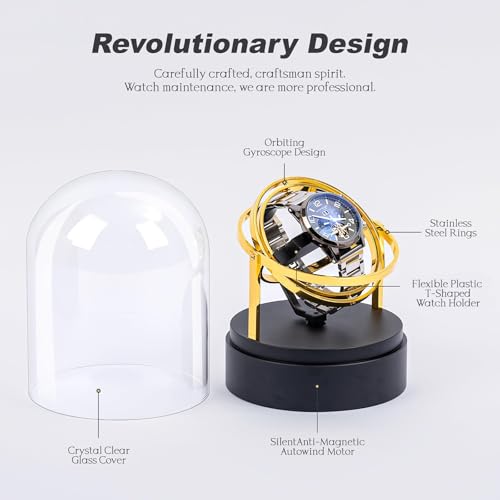 Gu Yu Ultra Quiet Watch Winder for Automatic Watches - Luxury Black Base & Clear Glass Dome, <15dB Silent Rotation, Ideal Watch Storage & Display Case for Men (Gold) - Image 4