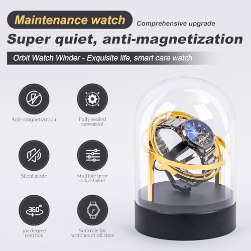 Gu Yu Ultra Quiet Watch Winder for Automatic Watches - Luxury Black Base & Clear Glass Dome, <15dB Silent Rotation, Ideal Watch Storage & Display Case for Men (Gold) - Image 3