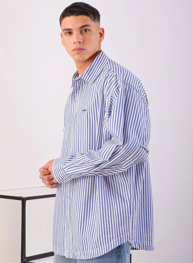 Men Blue Oversized Striped Shirt